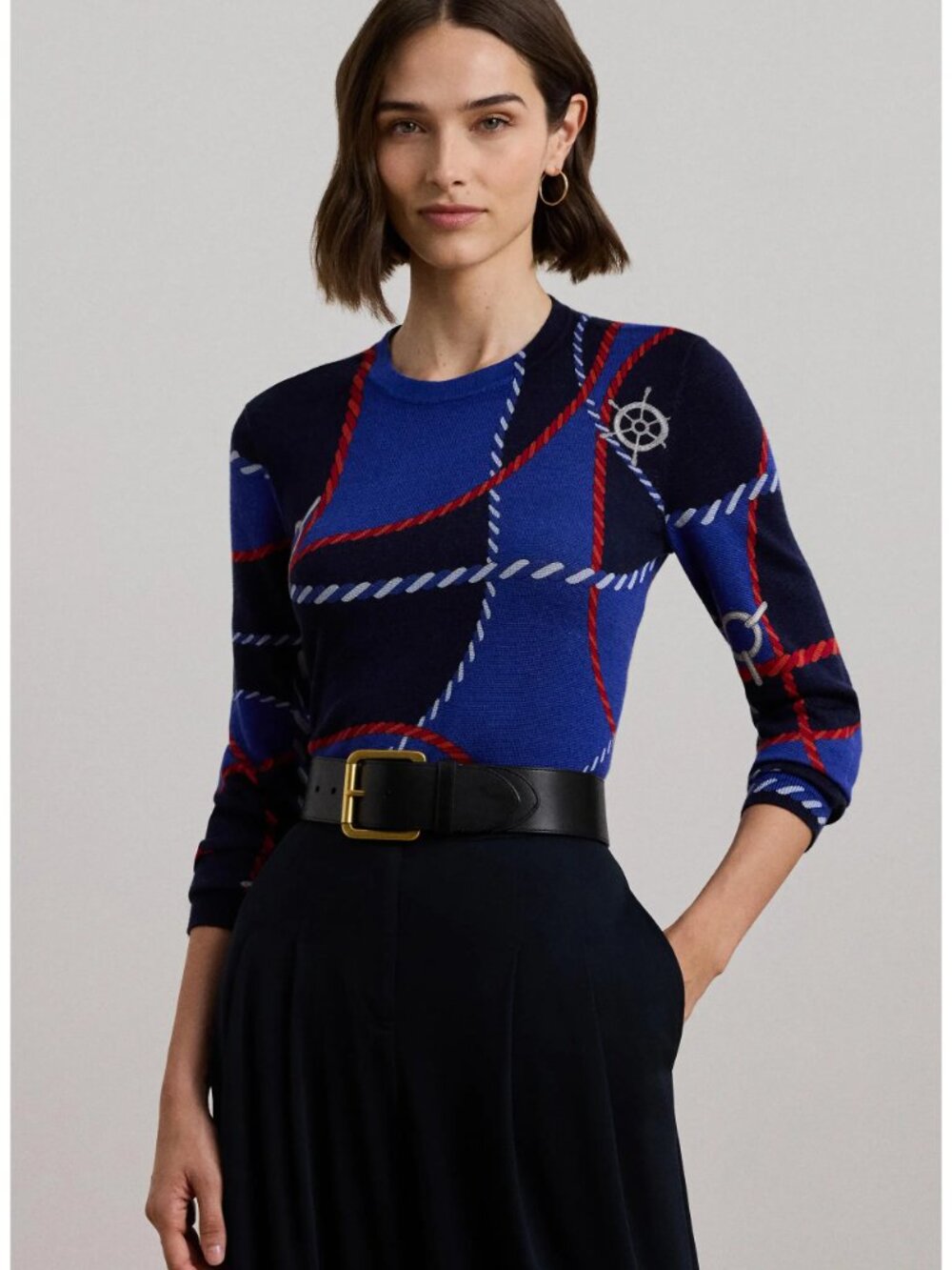 Lauren Ralph Lauren Nautical Rope-Print Cotton-Blend Sweater Blue & Red Sz S